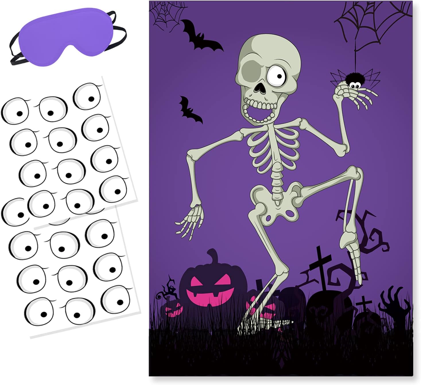 BORAMDO Pin The Eyeball on Mr.Bone Halloween Party Game Skeleton Poster with 24 Pieces Eyeball Stickers and A Blindfold for Halloween Party Supplies Classroom Games