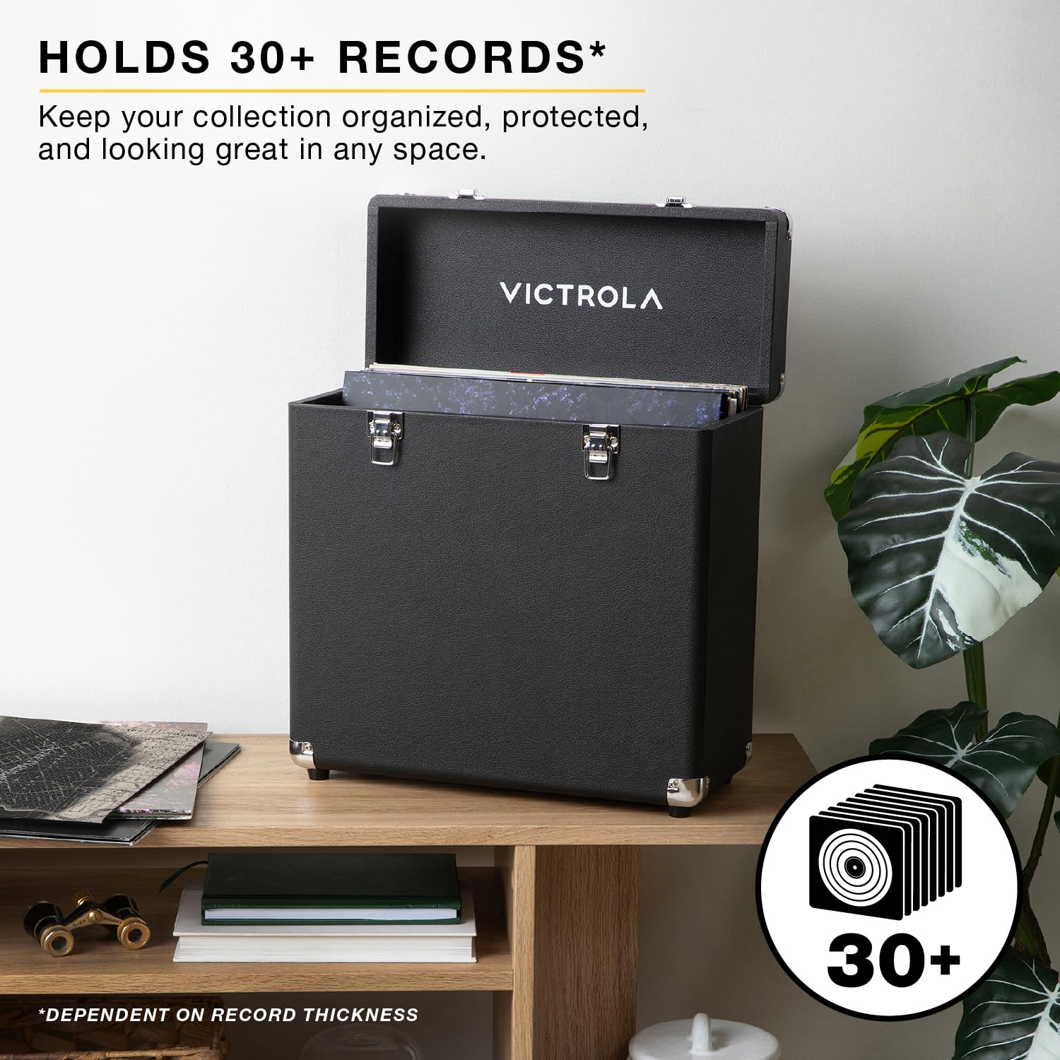 Victrola Collector II (modèle 2026) – Étui de rangement pour disques vinyles – Peut contenir plus de 30 disques vinyles, matériel robuste, doublure intérieure douce, portable avec poignée de transport