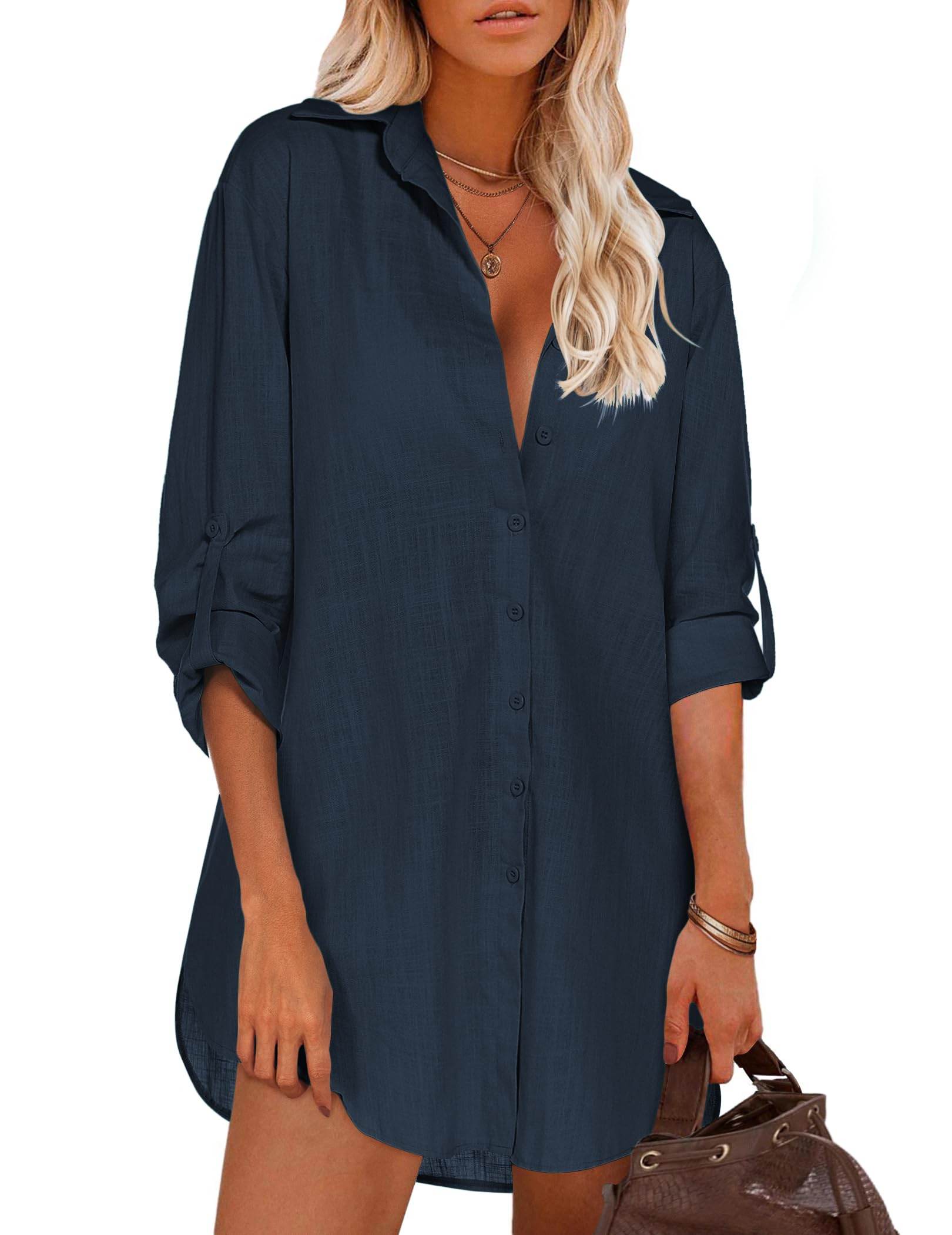HOTOUCH Women Boyfriend Shirts Button Down Long Sleeve Blouse Cuffed Sleeve Collared Shirt