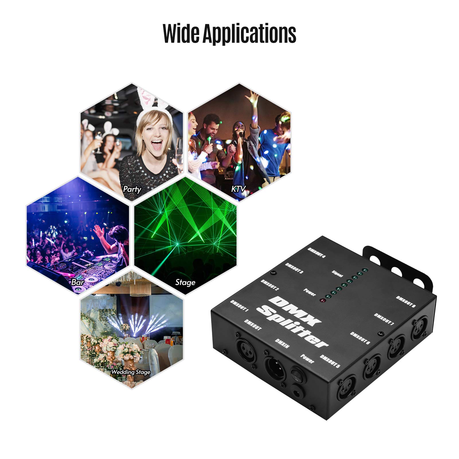 HUIOP Splitter DMX512 Amplificatore di segnale ottico Spliter Distributore 1 Ingresso e uscita diretti 8 Uscite indipendenti per controller luci Console da palco Festa DJ Club Disco KTV Luce
