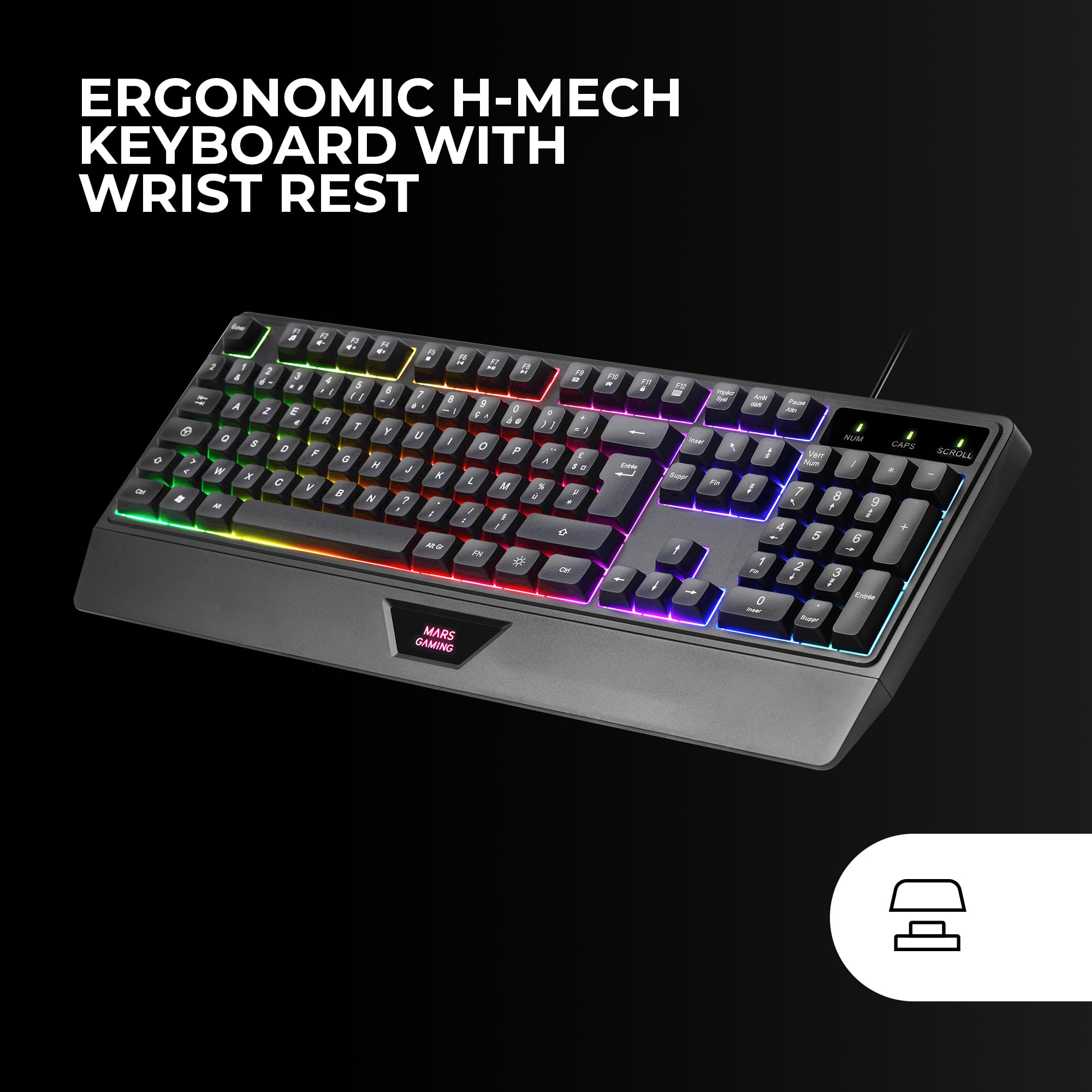 Mars Gaming MCP124, Layout Portugués, Combo Gaming 3en1, Teclado Ergonómico H-Mech LED RGB, Ratón RGB 3200DPI Switches HUANO, Alfombrilla Nanotextil 360x260mm, Compatibilidad Multiplataforma, Negro