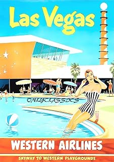 1955 WESTERN AIRLINES LAS VEGAS TRAVEL 12X18 POSTER BATHING BEAUTY PINUP BY POOL