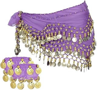 Women's Belly Dance Hip Scarves Wave Wrap Skirts with 128 Gold Coins Chiffon Belly Dance Coin Belt with Bracelets