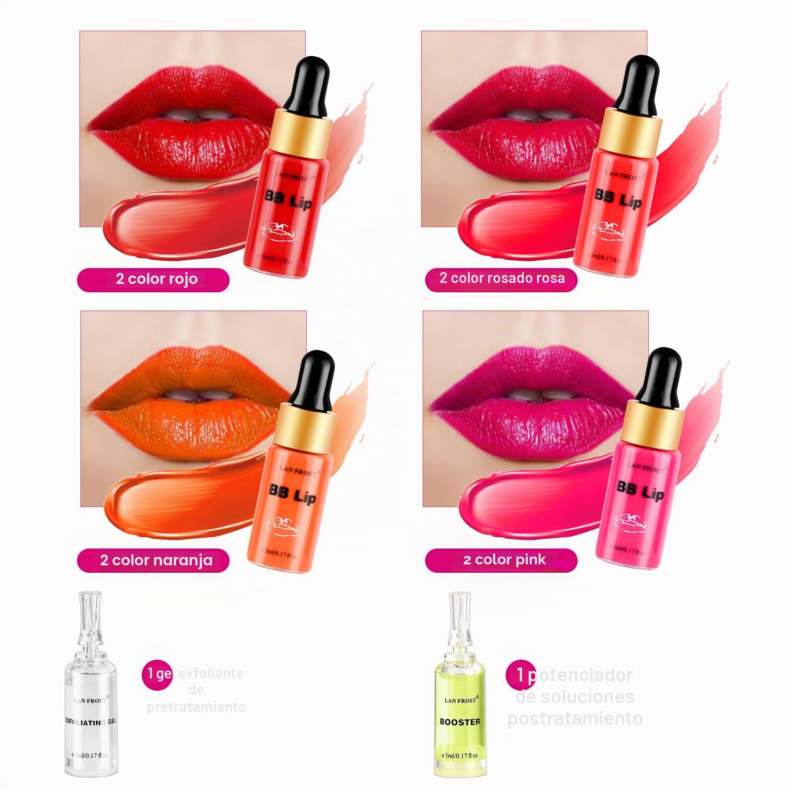 BB Lip Glow Ampoule Serum Starter Kit, tratamiento de maquillaje semipermanente, Lip Gloss BB Lip Serum, contiene 8 frascos de sérum de Lips Care Serums Exfoliating Gel y Lip Balm Serums