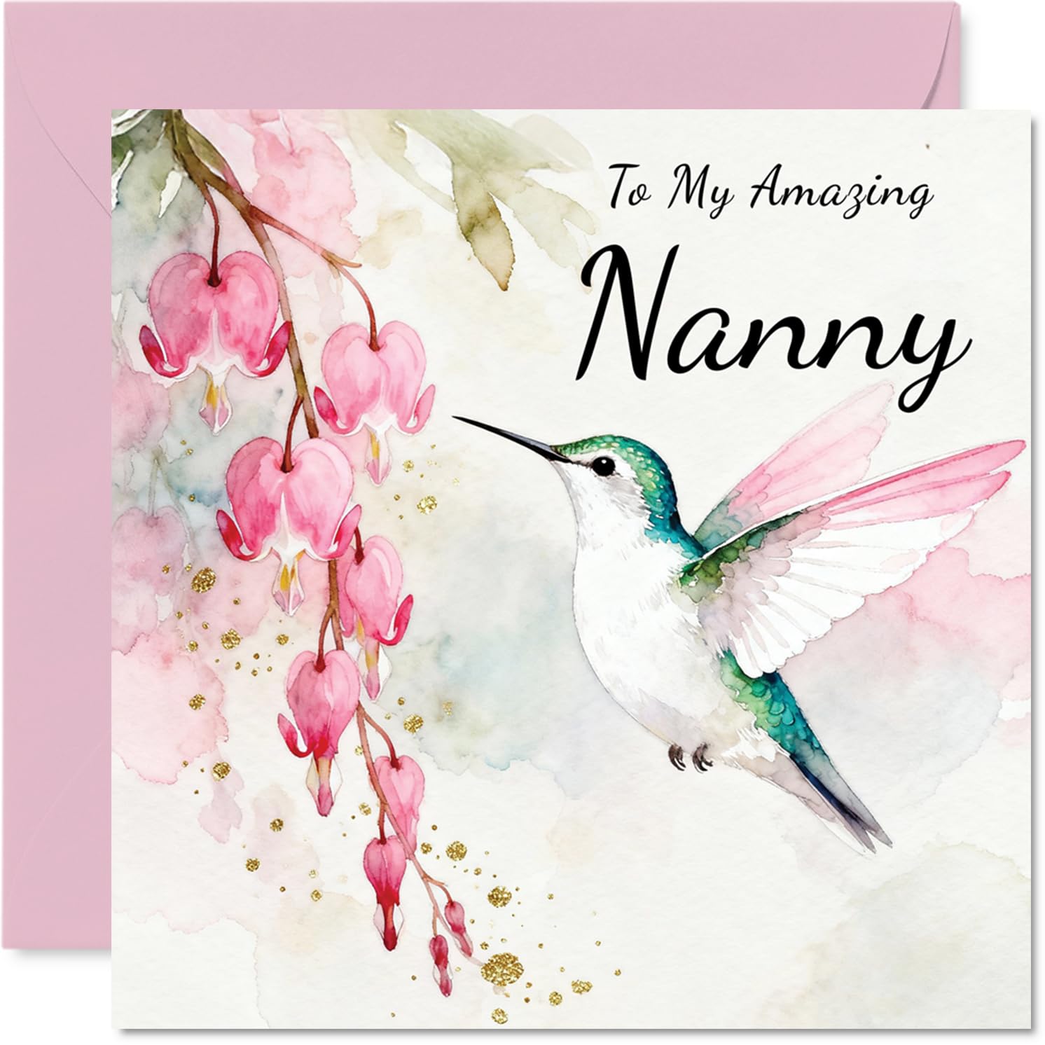 Nanny Birthday Card - Hummingbird Wishes - Happy Birthday Card for Nanny from Grandson Granddaughter, 145mm Pink Floral Illustration Bday Greeting Cards