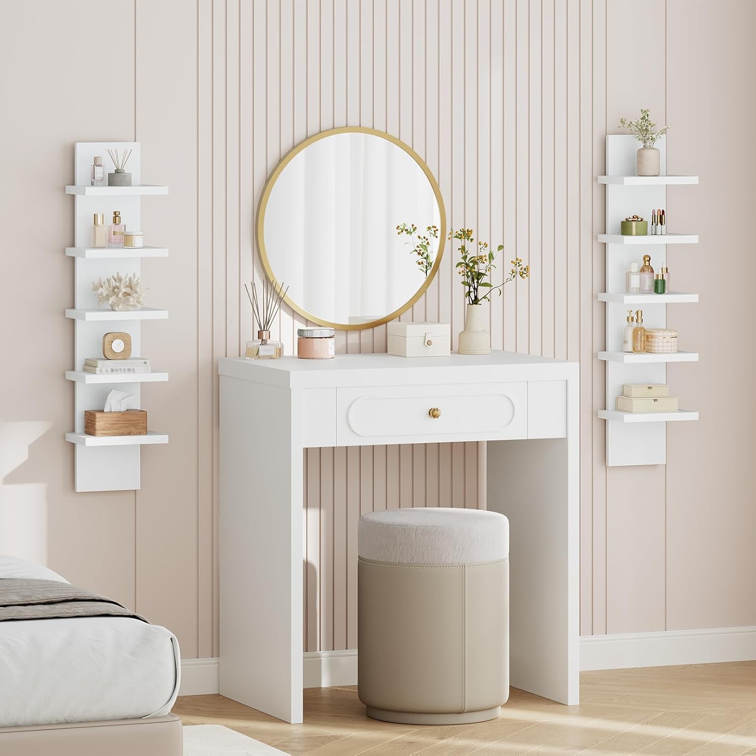 HOOBRO 5 Tier Wall Shelf Unit, 2 Pack Floating Shelves Wall Mounted, Wall Mount Vertical Shelving, Floating Storage Rack, Organizer Tall Tower Design for Livingroom, Bedroom, Kitchen, White WT18BJP201