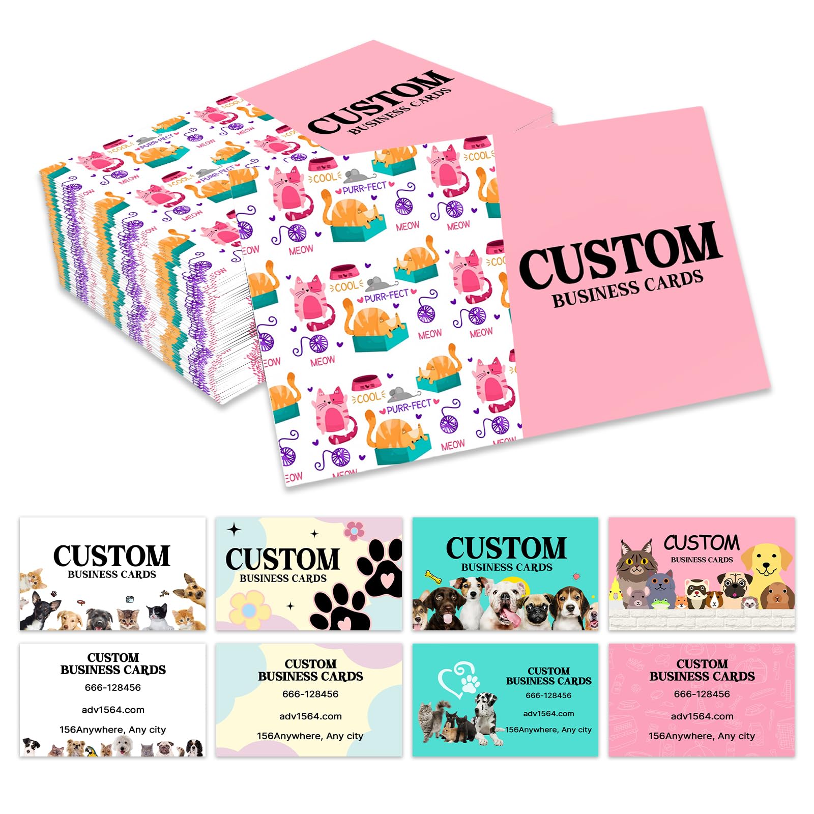Custom Business Cards, Customizable Logo/Text/QR Code Double-Sided Printable 300gsm Waterproof Matte Paper for Pet Store, Animals Care