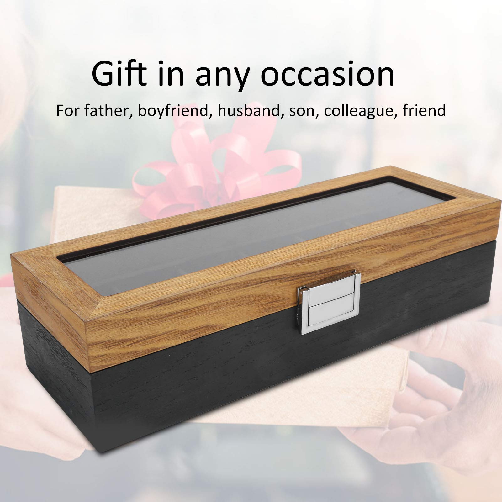 Caja para Relojes, Organizador de Relojes de Madera Maciza con 6 Ranuras, Vitrina, Caja de Almacenamiento para Relojes con Tapa de Vidrio para Hombres y Mujeres, Soporte para