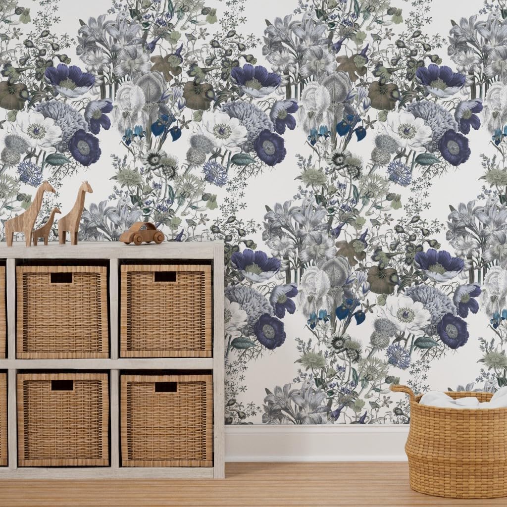 Removable Wallpaper 9ft x 2ft - Green Blue Flowers Brown Floral Grey Graphic Custom Pre-Pasted Wallpaper by Spoonflower