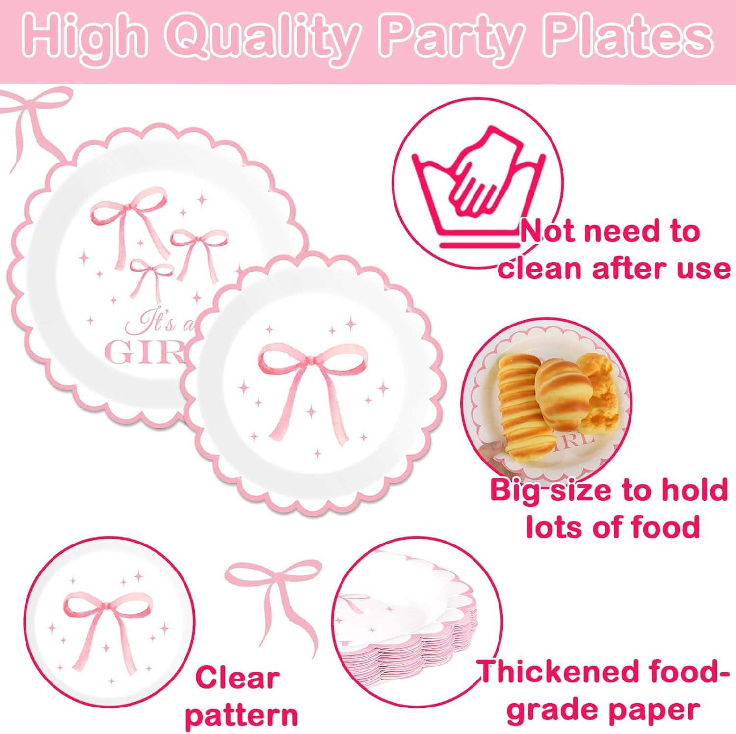 100PCS Pink Bow Baby Shower Plates and Napkins Bows Tableware Set It’s A Girl Party Decoration Girls Baby Shower Parties Disposable Dessert Plate for Bowknot Themed Dinnerware Supplies Serve 25 - Image 3