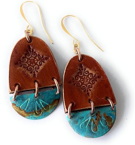 Vista 2 de Pendientes de cuero boho estampado de pergamino y cobre óxido turquesa