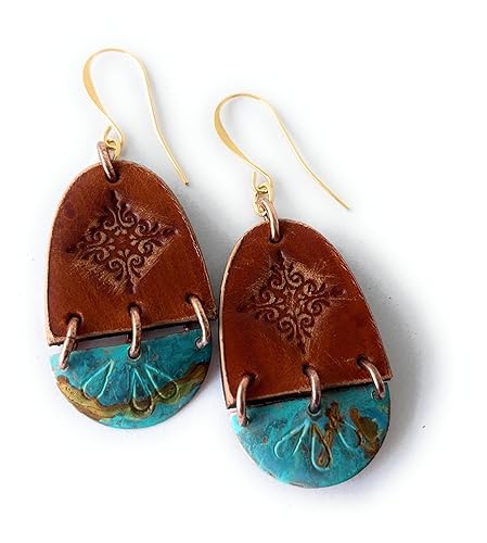 Miniatura 8 de Boho Leather Stamped Scroll & Turquoise Rust Copper Earrings (Antique Brass Earwires)