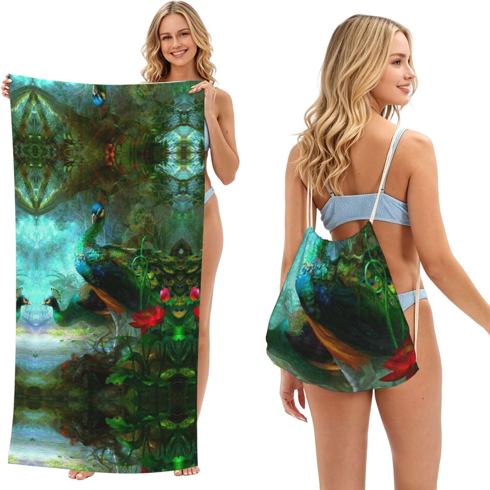 ESNAIUVCD Colorful Peacock Print Beach Towel For Adults,Towel With Drawstring Bag, Travel Pool Swimming Sports Shower Sand Free Quick Dry Bath Towel For Pool, Beach, Yoga- 180x60cm