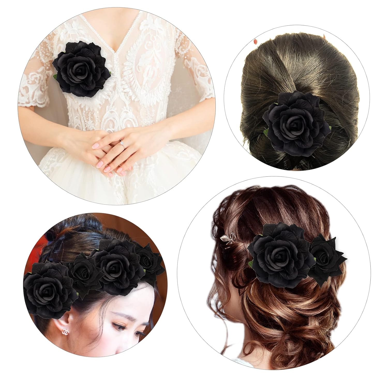 Rose Hair Clip Flower Hairpin Brooch Floral Clips, 4 Pcs Fabric Rose Flowers Hair Clips Mexican Hair Flowers Pin up Headpieces for Woman Girl Wedding Party Mother's Day (Black) - Image 5