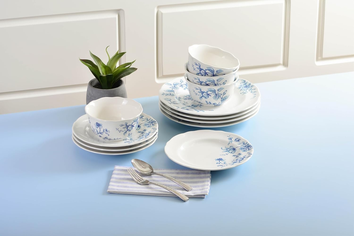 222 Fifth 12-Piece Porcelain Dinnerware Set for 4, White & Blue Plates and Bowls Set, Glossy Ceramic Dish Set with Beautiful Floral Design, Elegant Kitchen Dishes, Microwave & Dishwasher Safe, Bellamy - Image 3