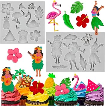 Hawaiian Indian Fondant Mold Palm Leaves Silicone Mold Set Of 2 | Tropical Palm Leaves Flower Flamingo Maiden Molds Luau Party Theme Cake Decorating Cupcake Topper Gum Paste Polymer Clay