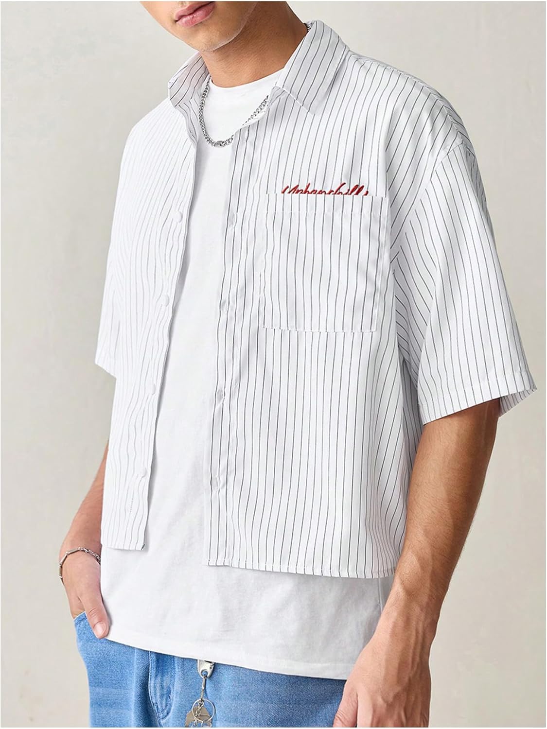 Men's Striped Cropped Shirts Button Up Letter Embroidered Short Sleeve Cool Streetwear Crop Tee Top - Image 2