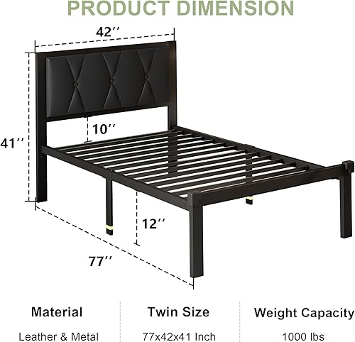 Miniatura 2 de Feonase Base de cama de metal tamaño individual con cabecera capitoné de piel sintética con botones, marco de cama de plataforma con listones de