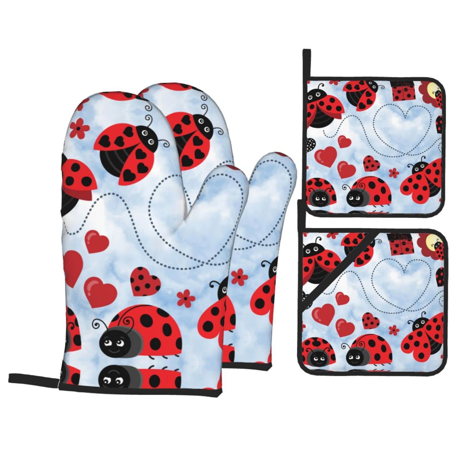 Ladybug and Cloud Oven Mitt and Pot Holder 4-Piece Set for Kitchen, Outdoor Grill, Baking