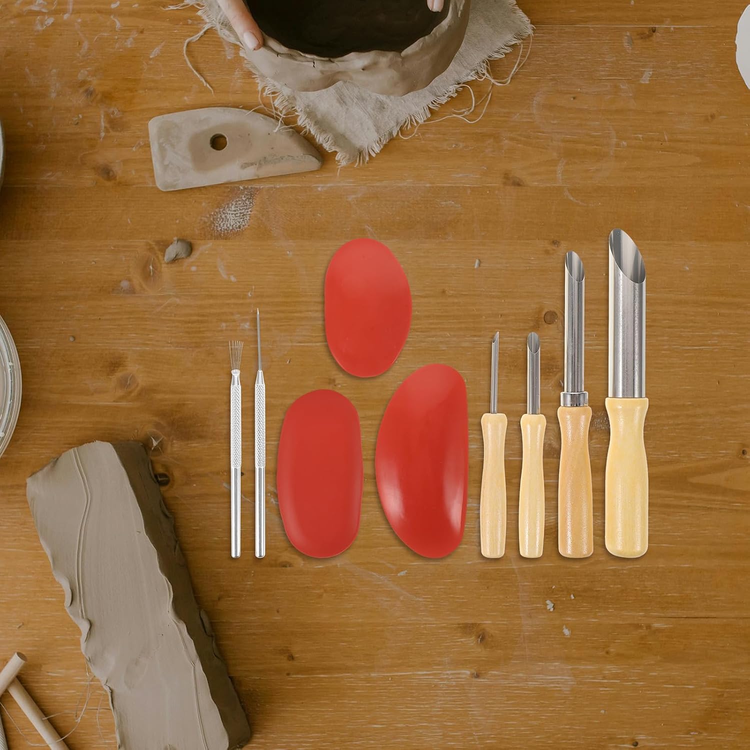 Roleader 9pcs Ceramic Pottery Tools Set with Accurate Clay Hole Cutter and Multipurpose Wood, Metal, Rubber Sculpting Tools for Crafting and Hand Building Clay Modeling Projects