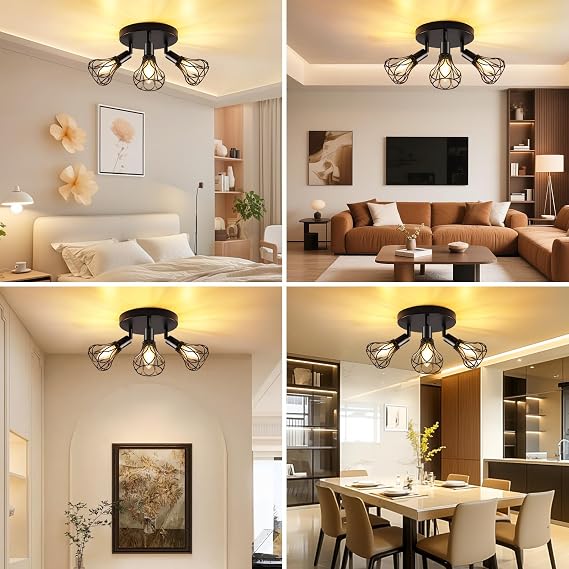 GeyouLux Kitchen Black Spot Light Ceiling, 3 Way Industrial Adjustable Spotlights Adjustable 350° Ceiling Lights Wire Cage with E14 Base(No Bulb), Light Fittings for Kitchen Hallway Living Room