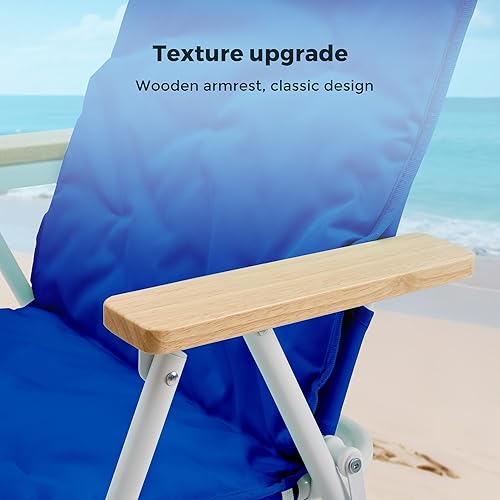 Miniatura 7 de SUNNYFEEL Silla de playa plegable, respaldo de silla de playa con reposabrazos y cojín de madera, silla de campamento ligera resistente para playa,