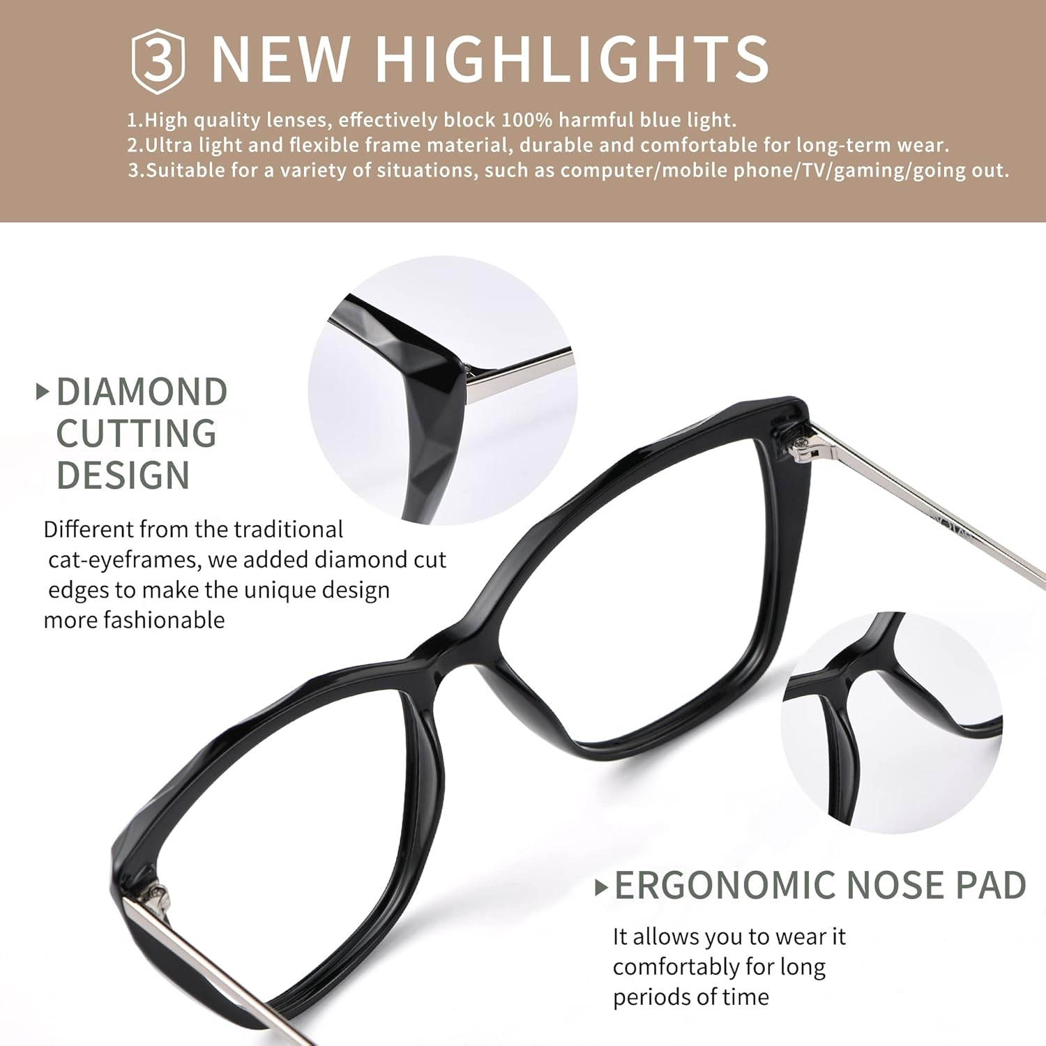 Blue Light Blocking Glasses Cat Eye Stylish Computer Eyeglasses UV Ray Filter Women AB3304 (Black) - Image 5