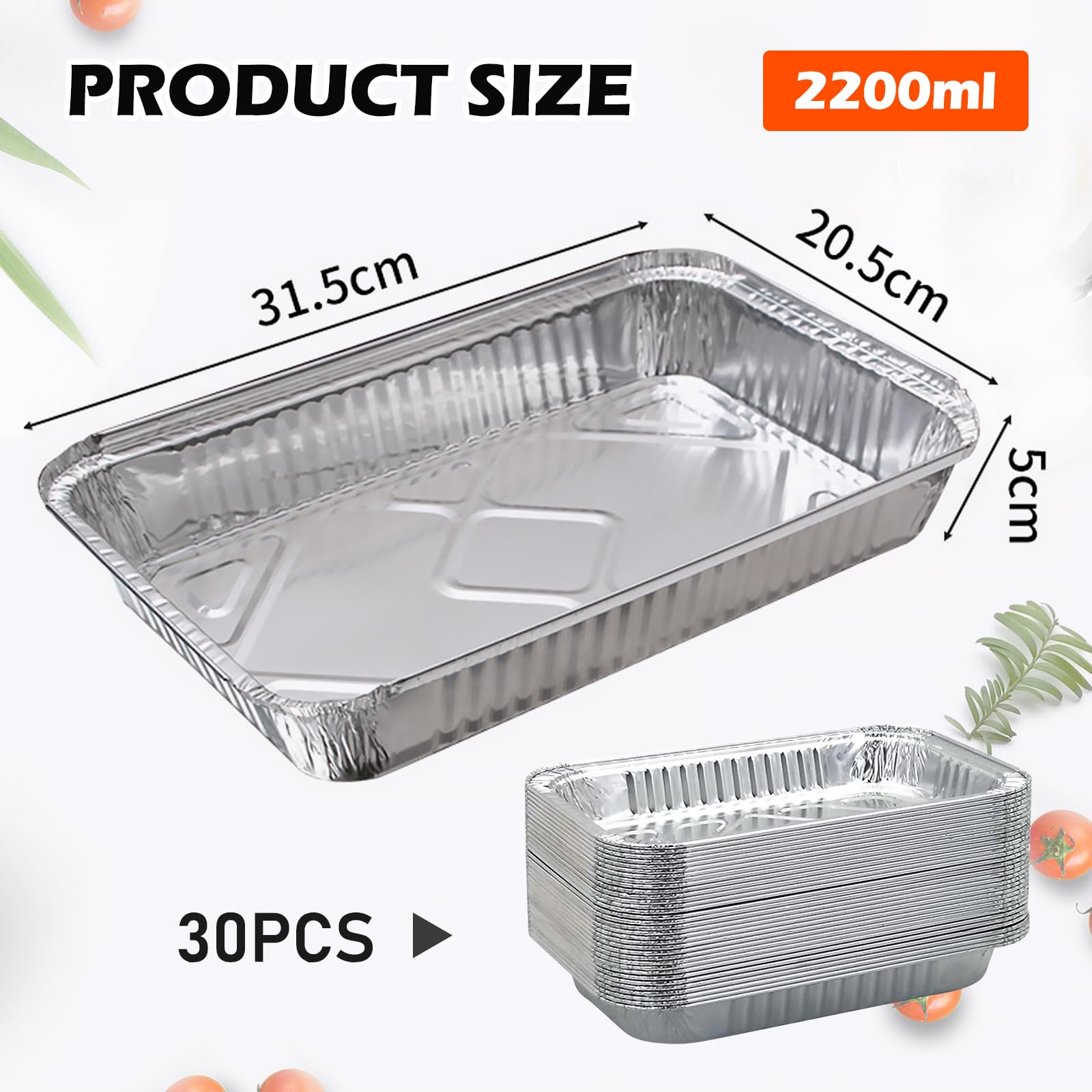 GBKDQQ 30 recipientes de aluminio para parrilla, 30 unidades, grandes de 2200 ml, para horno, desechables, para hornear, freír, hervir, reutilizables, 31,5 x 20,5 x 5 cm