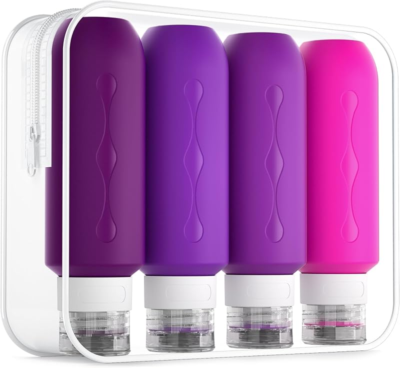 Frascos Recarregáveis Gemice para Viagem em Silicone com Bolsa Transparente, Roxo, Pacote com 4