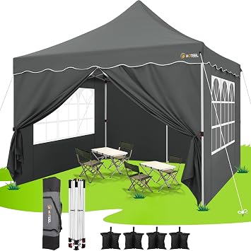 HOTEEL 10x10 Pop Up Canopy Tent with 4 Removable Sidewalls, Gray | Easy Setup Outdoor Tent, Portable Instant Shelter, Includes 4 Sandbags, Stakes and Ropes for Party, Vendor