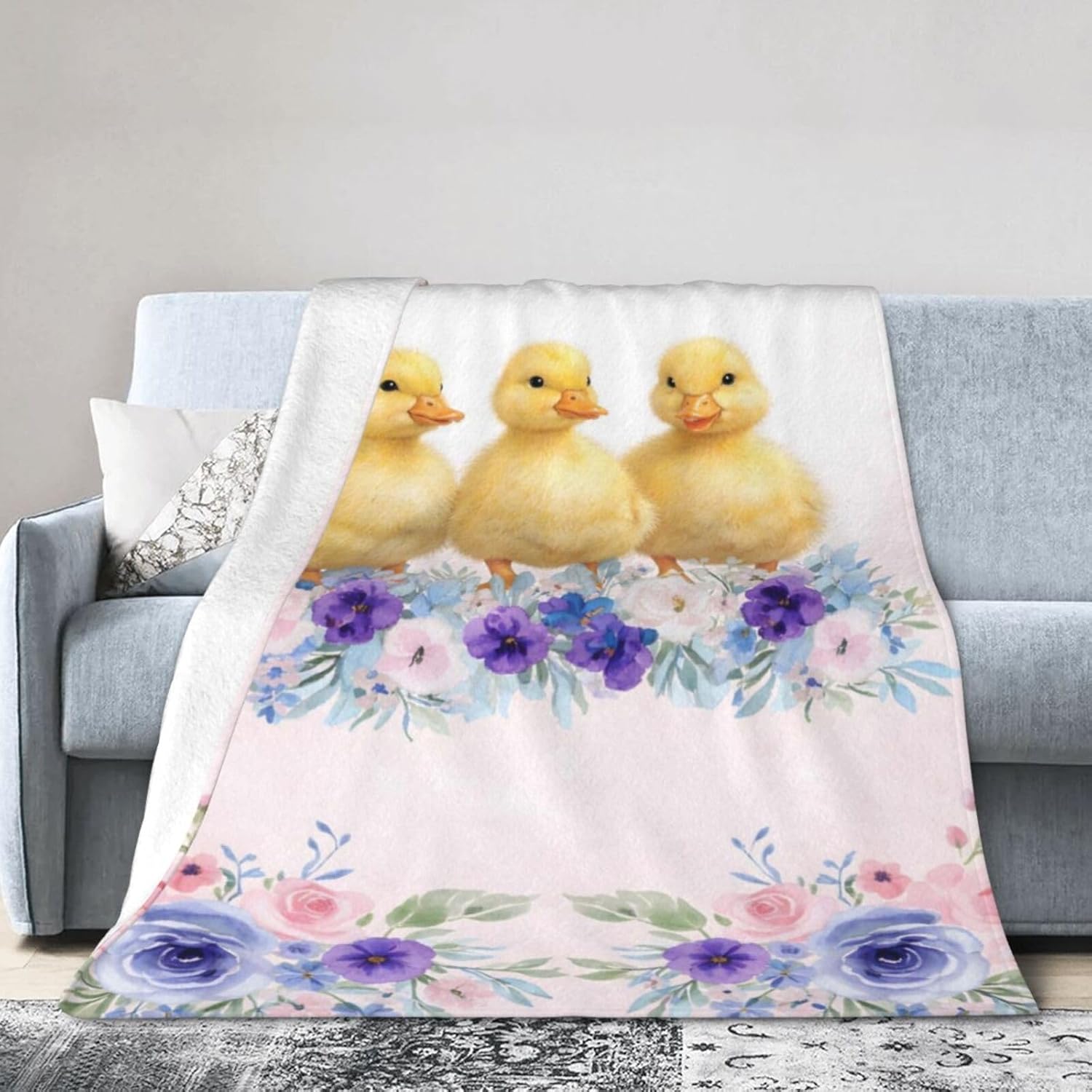 Baby Ducklings Flowers Blanket Easter Duck Throw Blanket Soft Cozy Blanket for Couch Bed Kids Room Gift Decor 80"X60"