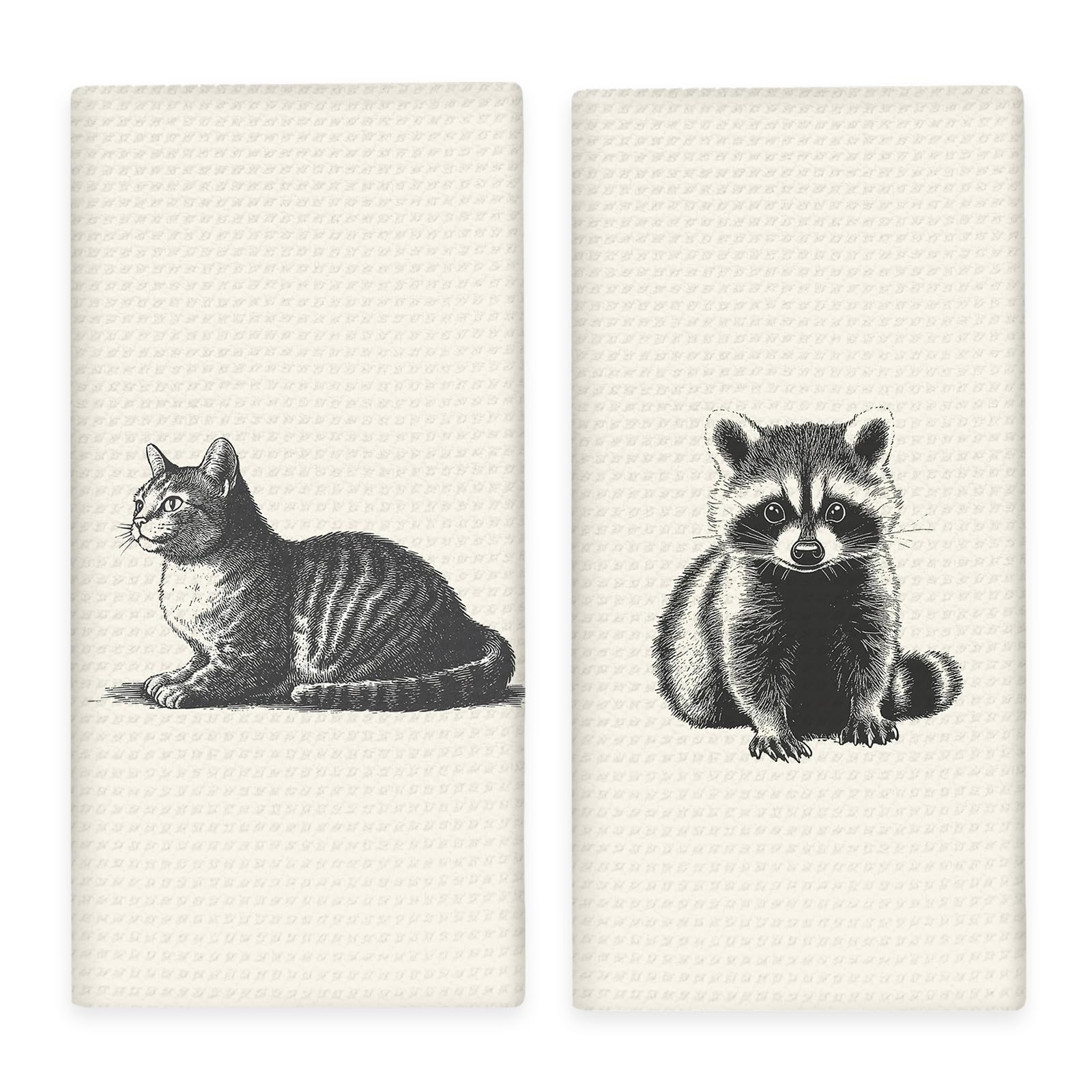 Lengues Baby Cat Raccoon Decor Kitchen Towels Set of 2, Vintage Animals Dish Towels, Preppy Decor Hand Towel for Room Bathroom, Funny Cat Raccoon Gifts Hand Towel for Kitchen Bathroom 16x24 Inch