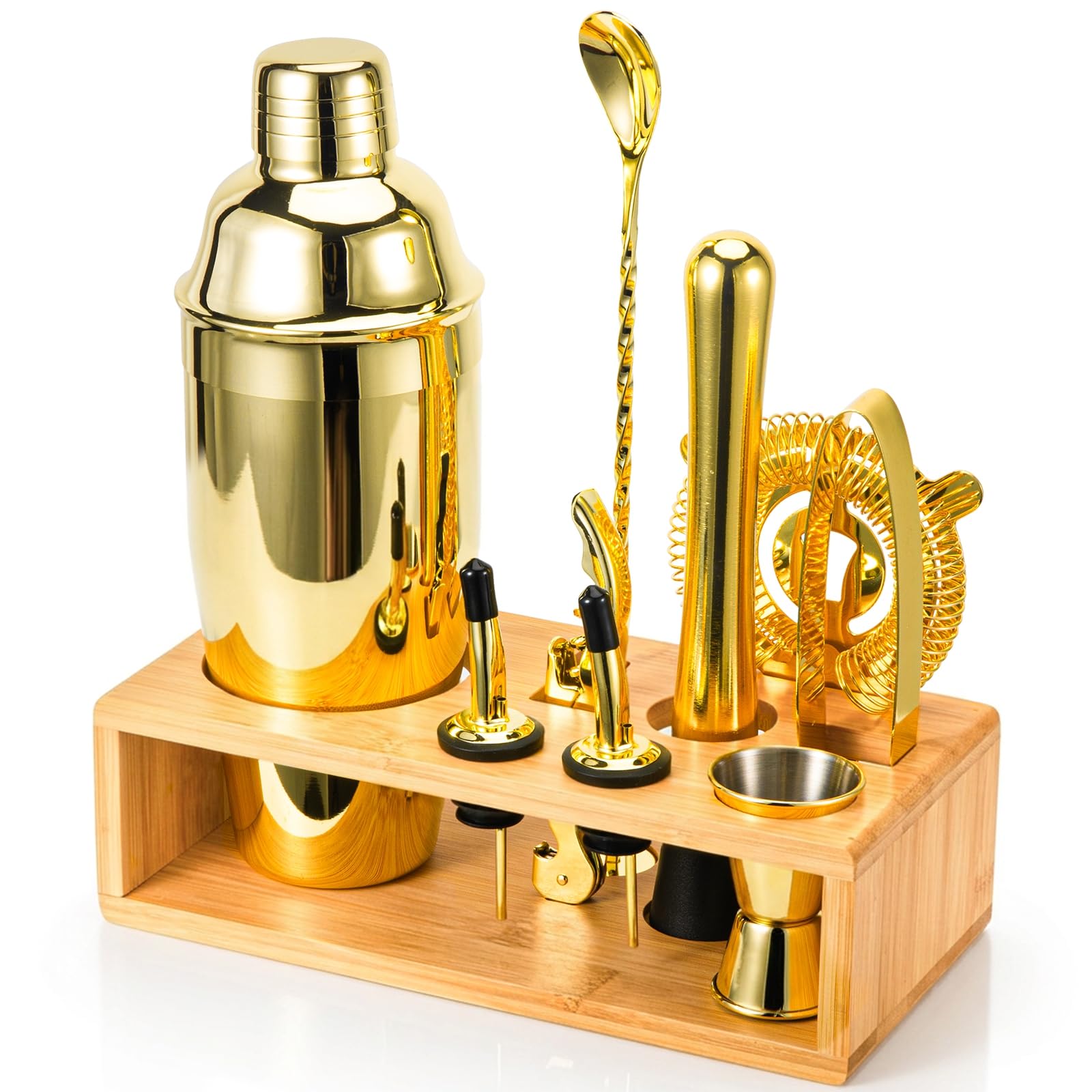 Gold Cocktail Shaker Set, Premium 18/8 Stainless Steel Mixology Bartender Kit with Stylish Bamboo Stand 10-Piece Bar Tools & Accessories for Home Bar for Men, Dad, Husband