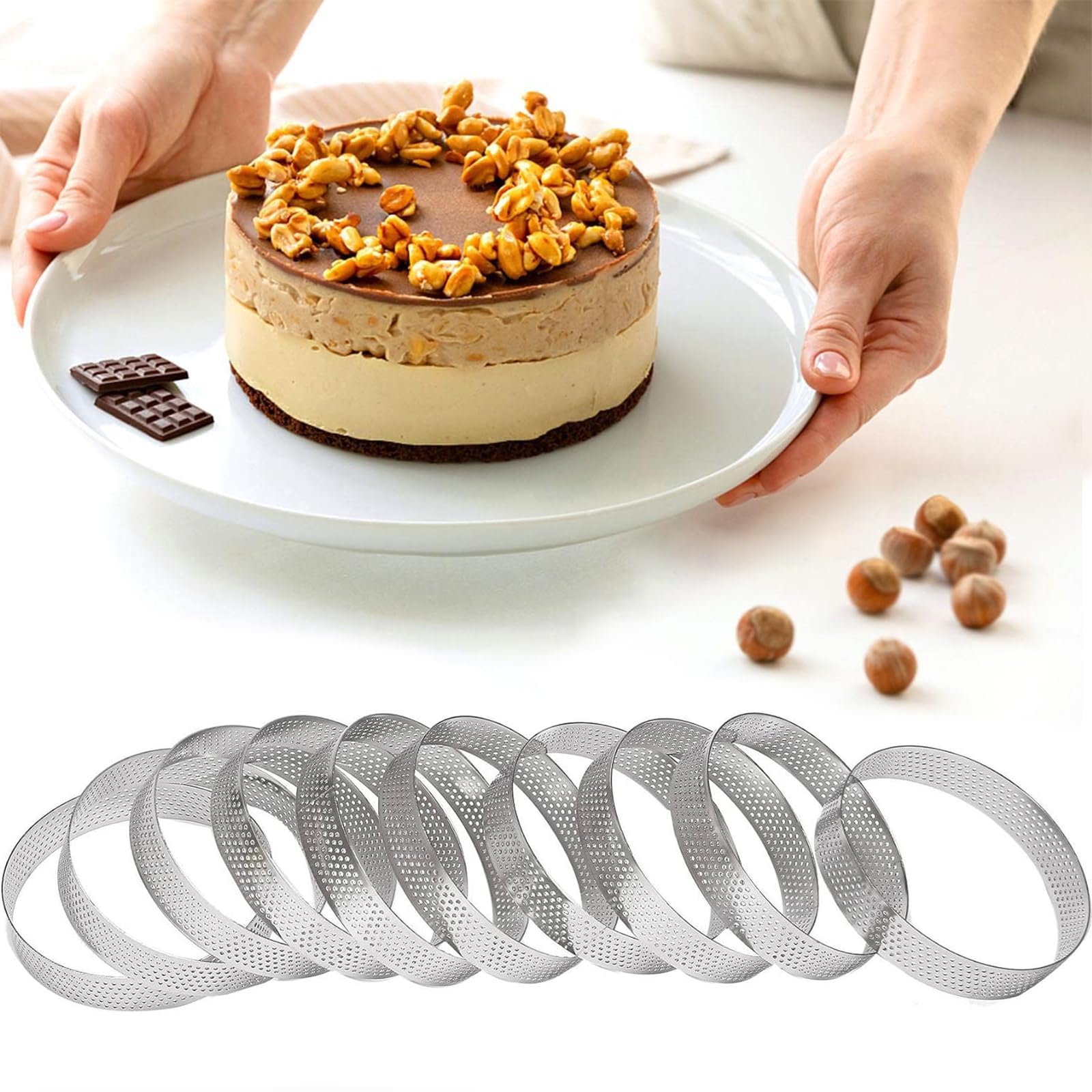 10 sztuk foremek do tarteletek z otworami, 8 cm ze stali nierdzewnej, perforowane pierścienie deserowe, mus, do produkcji ciasta, quiche, koło Donutsburg, 8 cm