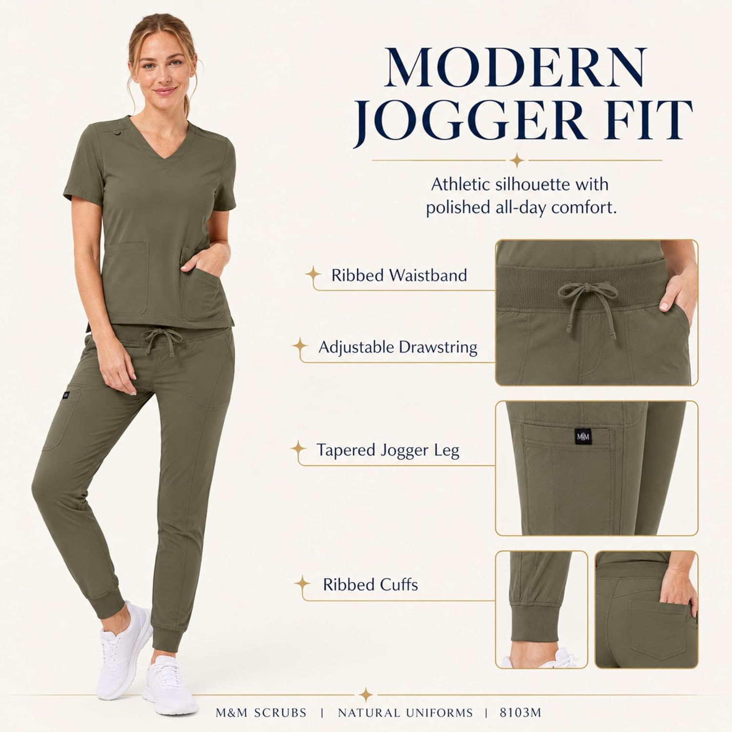 M&M SCRUBS Women’s Jogger Scrub Set, Luxe Stretch V-Neck Top & Cargo Jogger Pants, 7 Pocket Medical Uniform, Regular/Petite