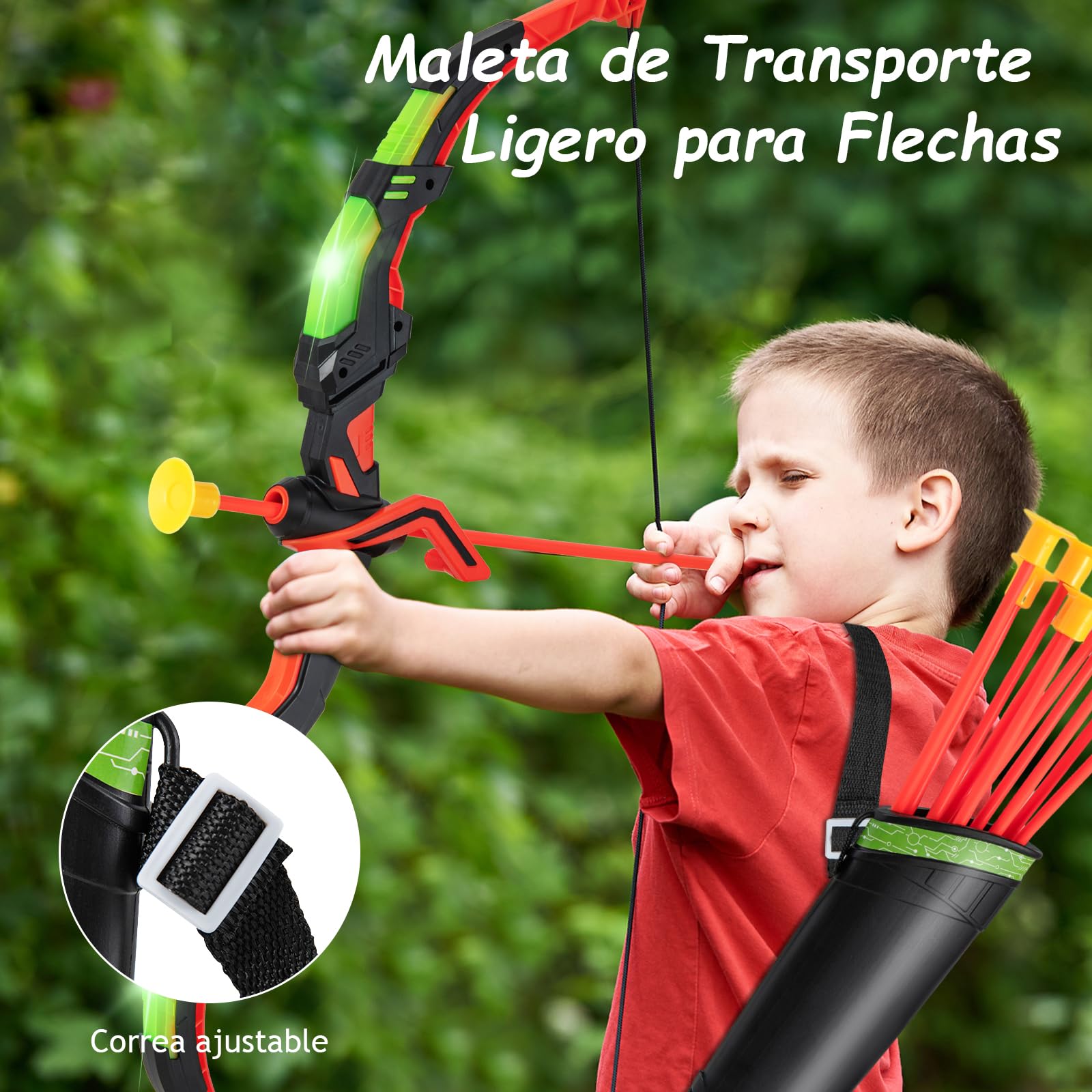 GOPLUS Juego de Arcos y Flechas para Niños, Set de Tiro con Arco LED con 20 Flechas con Ventosa, 2 Carcajs, Diana Desmontable, Set de Tiro al Aire Libre para Niños de 3 a 12 Años