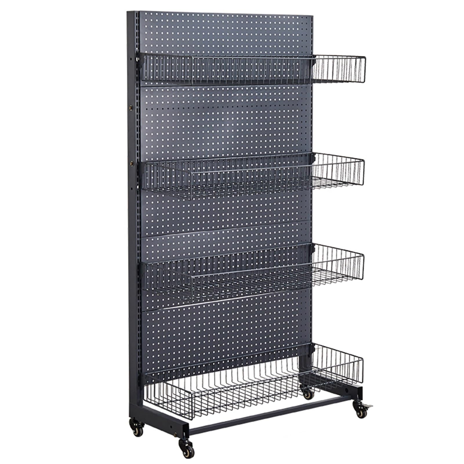 YNBSHGAA Retail Gondola Shelving Display Rack, Standing Pegboard Display with Wheels, Single-Sided Supermarket Shelves with Hanging Basket for Office Supply,0-Black-73x40x170cm