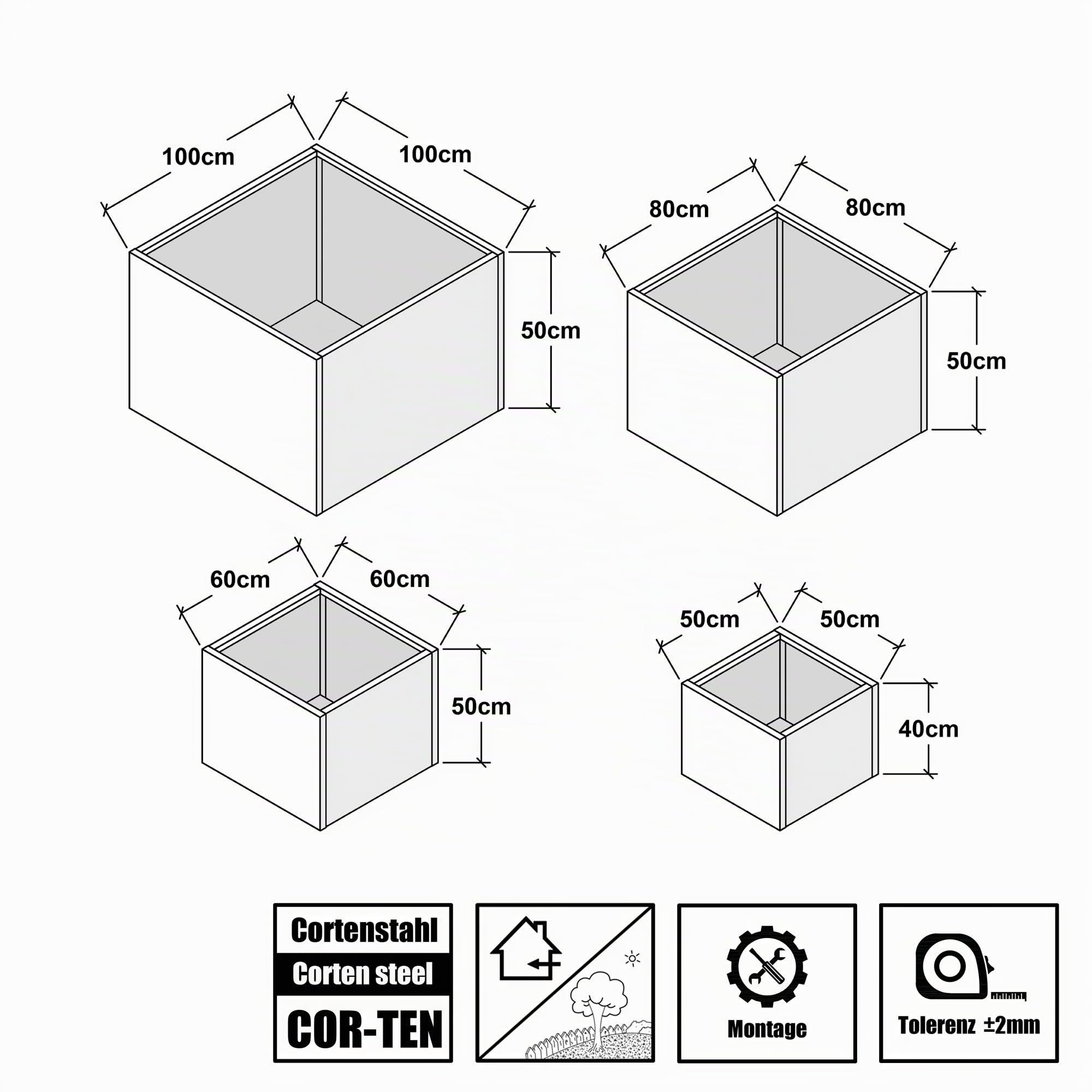 Köhko® Designer Pflanzkübel Hochbeet (mit Bodenplatte) aus Cortenstahl Pflanzgefäß QUADER 50x50x40 cm……