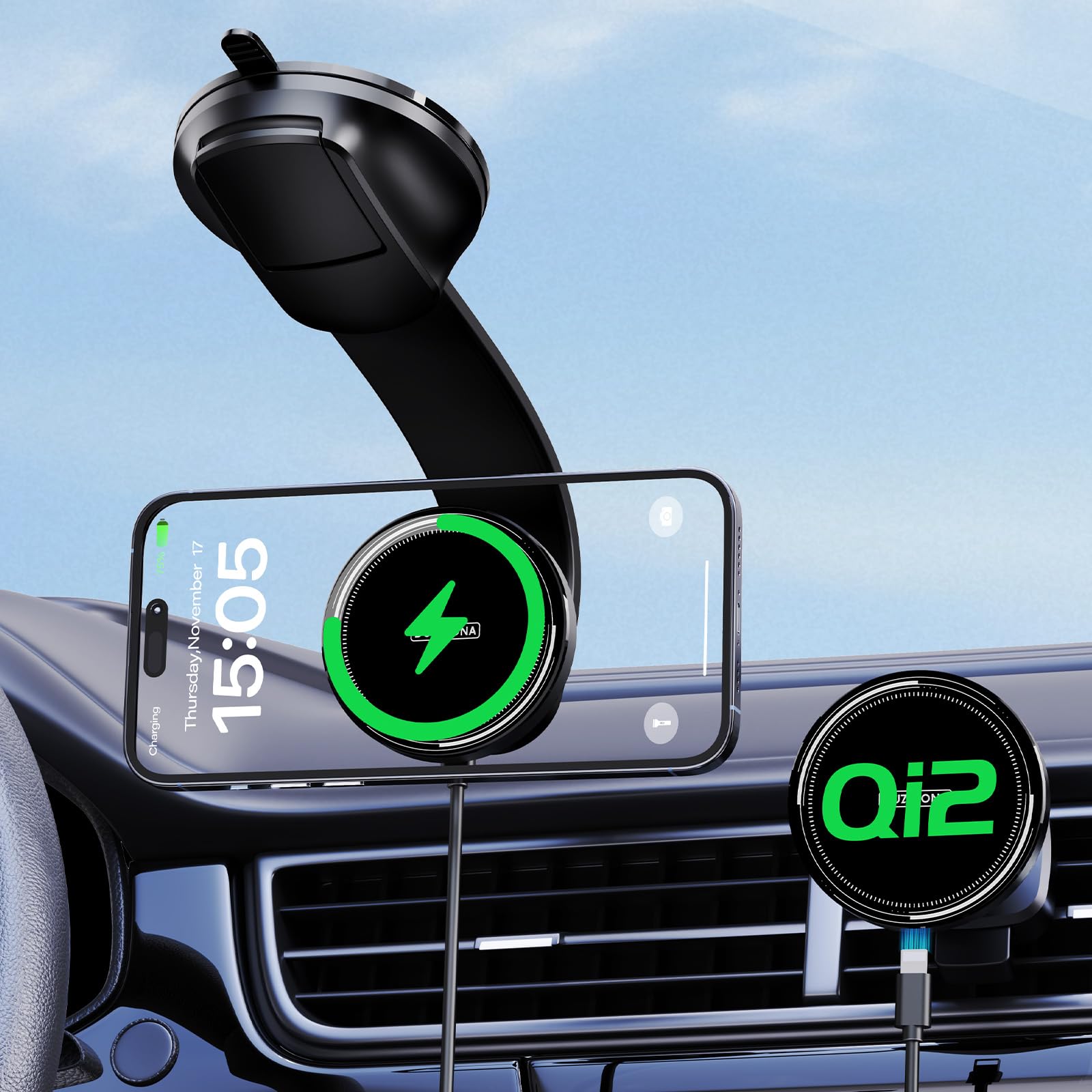 15W Chargeur Induction Voiture, Support Telephone Voiture Induction, Qi2 sans Fi, aimants N52(1300g), Support Telephone Voiture Chargeur pour Grille d'Aération/Pare-brise, Supports Magnétiques Voiture