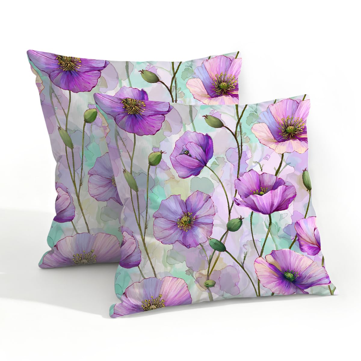 Outdoor Pillow Covers Waterproof Pillowcases 20x20in Set of 2 Watercolor Purple Poppy Flower Decorative Throw Cushion Case for Couch Sofa Garden Patio Furniture