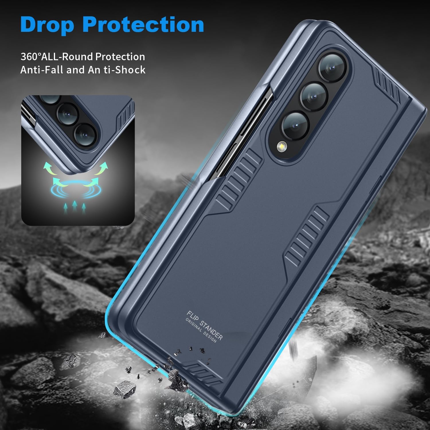 for Samsung Z-Fold-4 Case Stand: Slim Hinge Case with Privacy Screen Protector - Support Wireless Charging - Soft Protective Phone Cover for Galaxy Fold4 Dark Blue