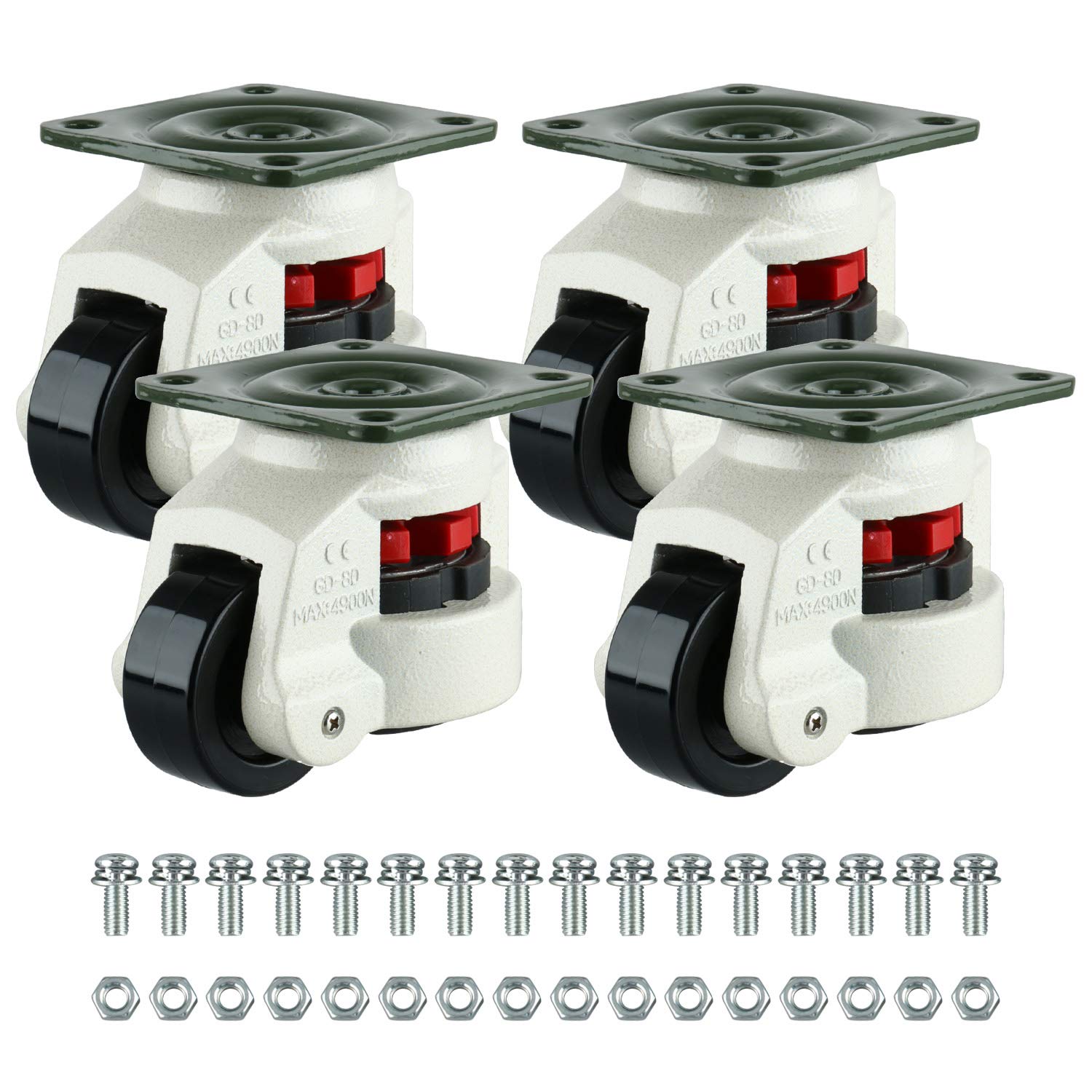 Homend4 Pack Leveling Casters GD-80F Plate Mounted Leveling Caster 1102lbs/Per Leveling Caster Wheels Nylon Wheel and NBR Pad (Plate Mounted 1102lbs/Per)