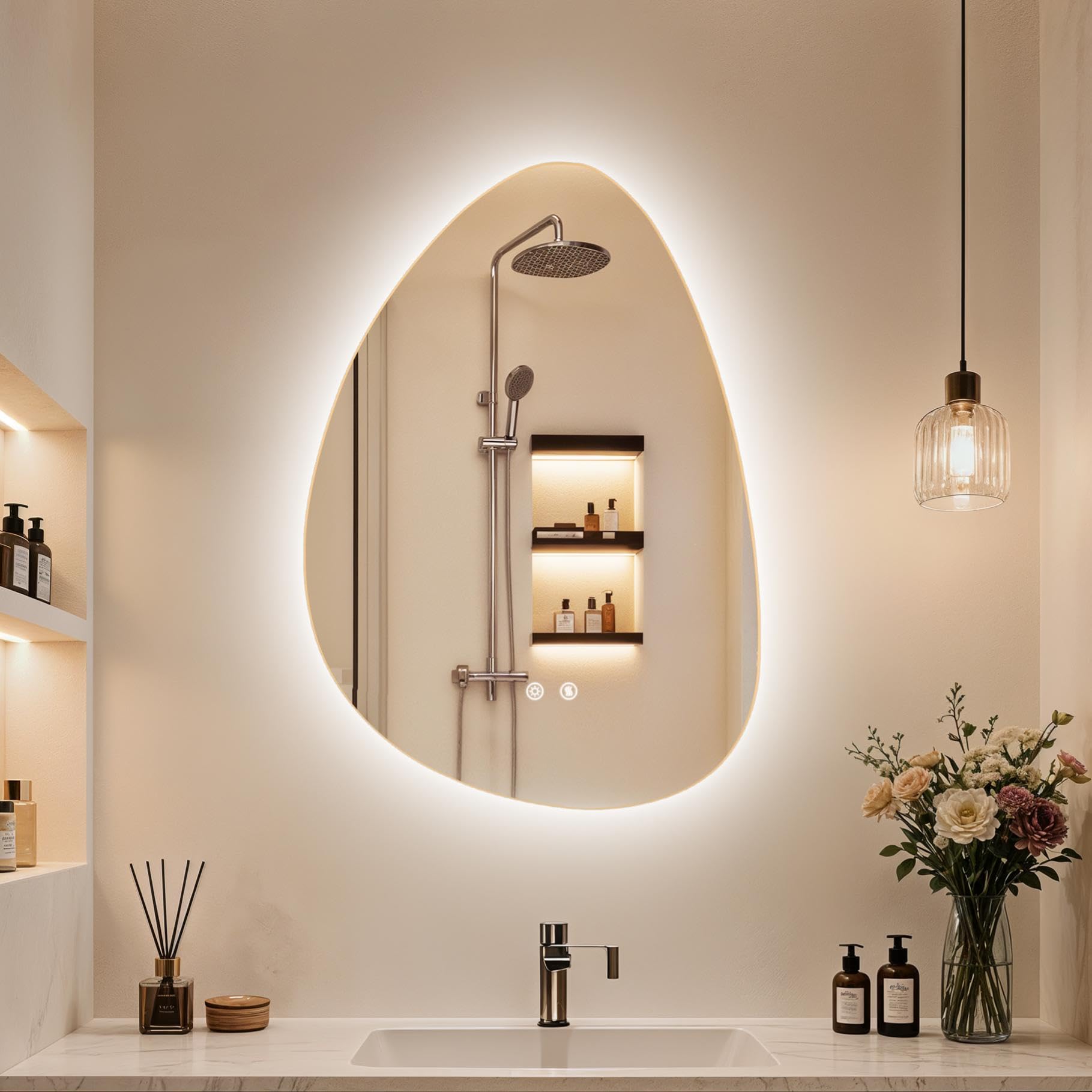 LUVODI Espejo Baño con Luz 50 x 70 cm: Espejos de Baño Maquillaje Irregular Espelho Casa de Banho con Función Antivaho 3 Colores de Luz Retroiluminado Regulable, Funcion Memoria, Impermeable IP66