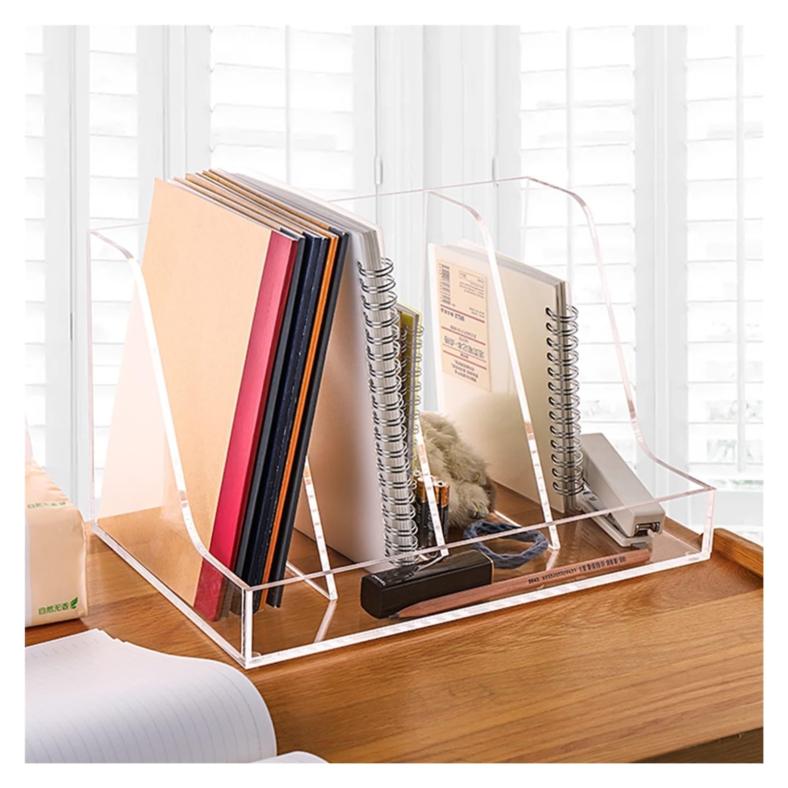 Organizador de escritorio de acrílico transparente con 3 secciones, estantería transparente para oficina, aula, aprendizaje (30,6 x 20,1 x 18,5 cm)