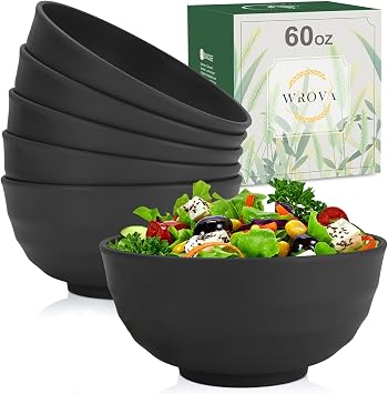 Wrova Reusable Ramen Bowl 60oz 1700ml Large Capacity Bowls Set of 6 Unbreakable Plastic Bowl - Microwave and Dishwasher Safe Bowls for Camping and Picnic, Large Serving Bowls for Ramen and Salad