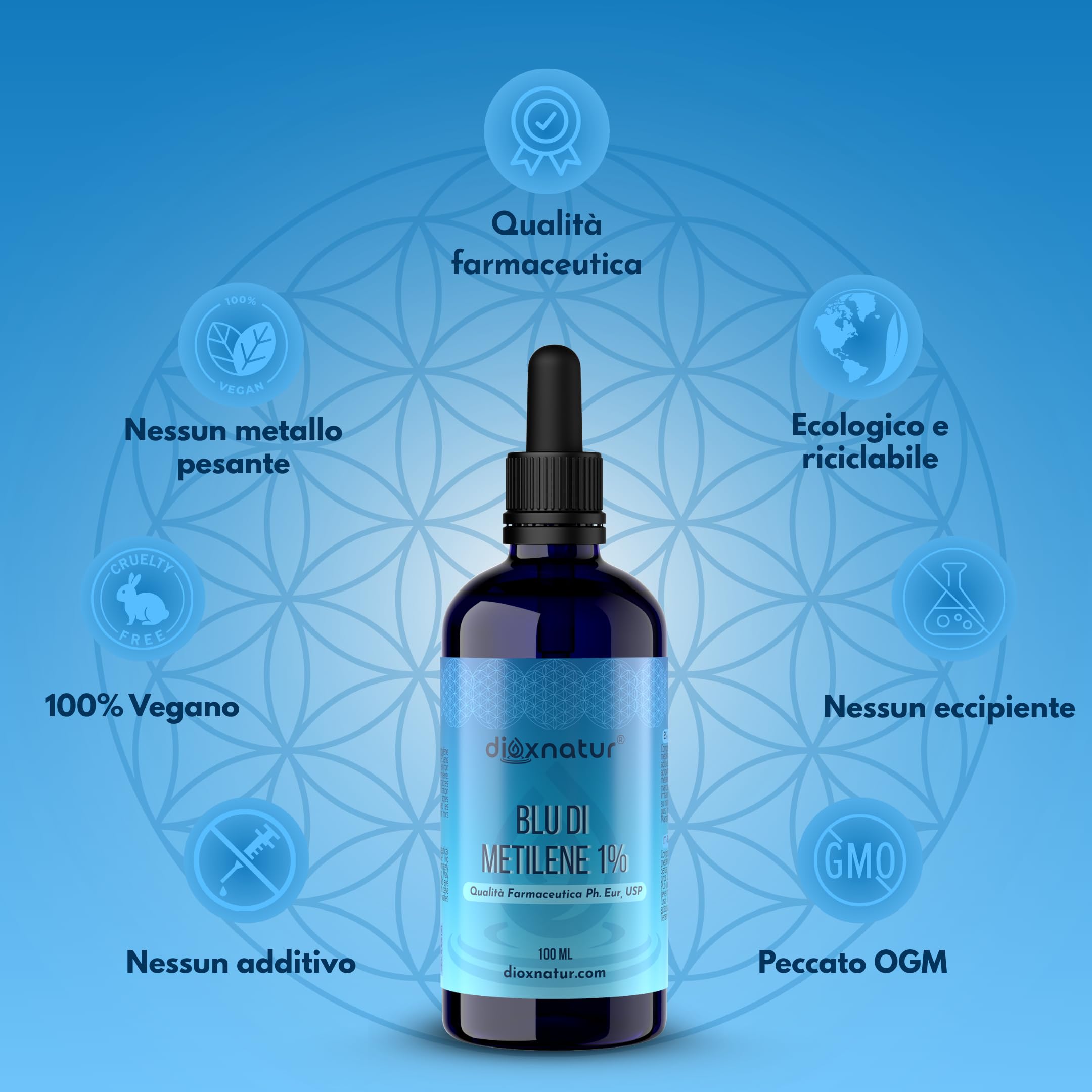 Blu di Metilene 1% USP 100 ml, Alta Purezza, Pipetta Integrata