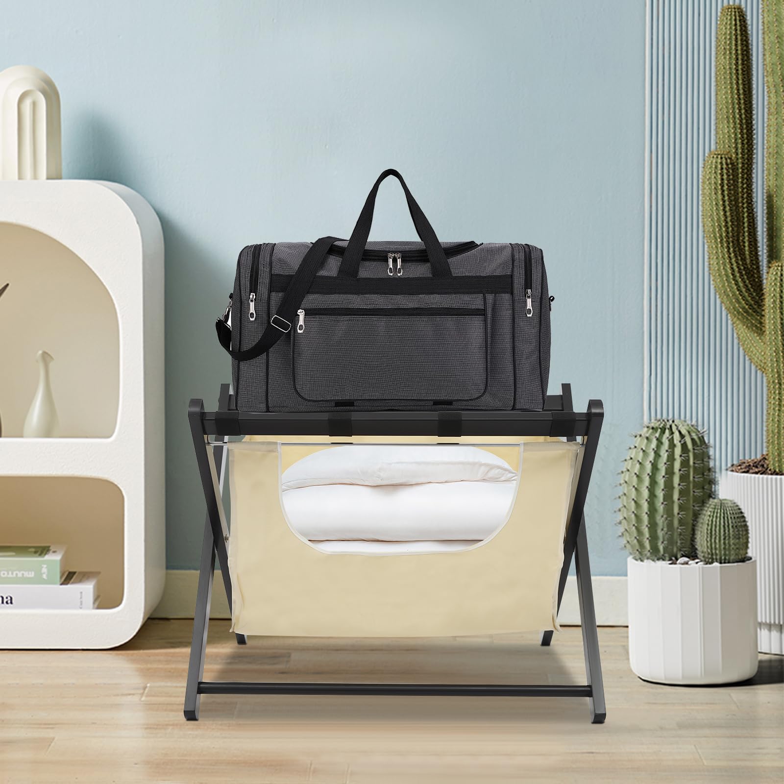 Porte-bagages pliable à 2 étages en bois de pin avec sac à linge pour hôtel, chambre d'amis, chambre à coucher