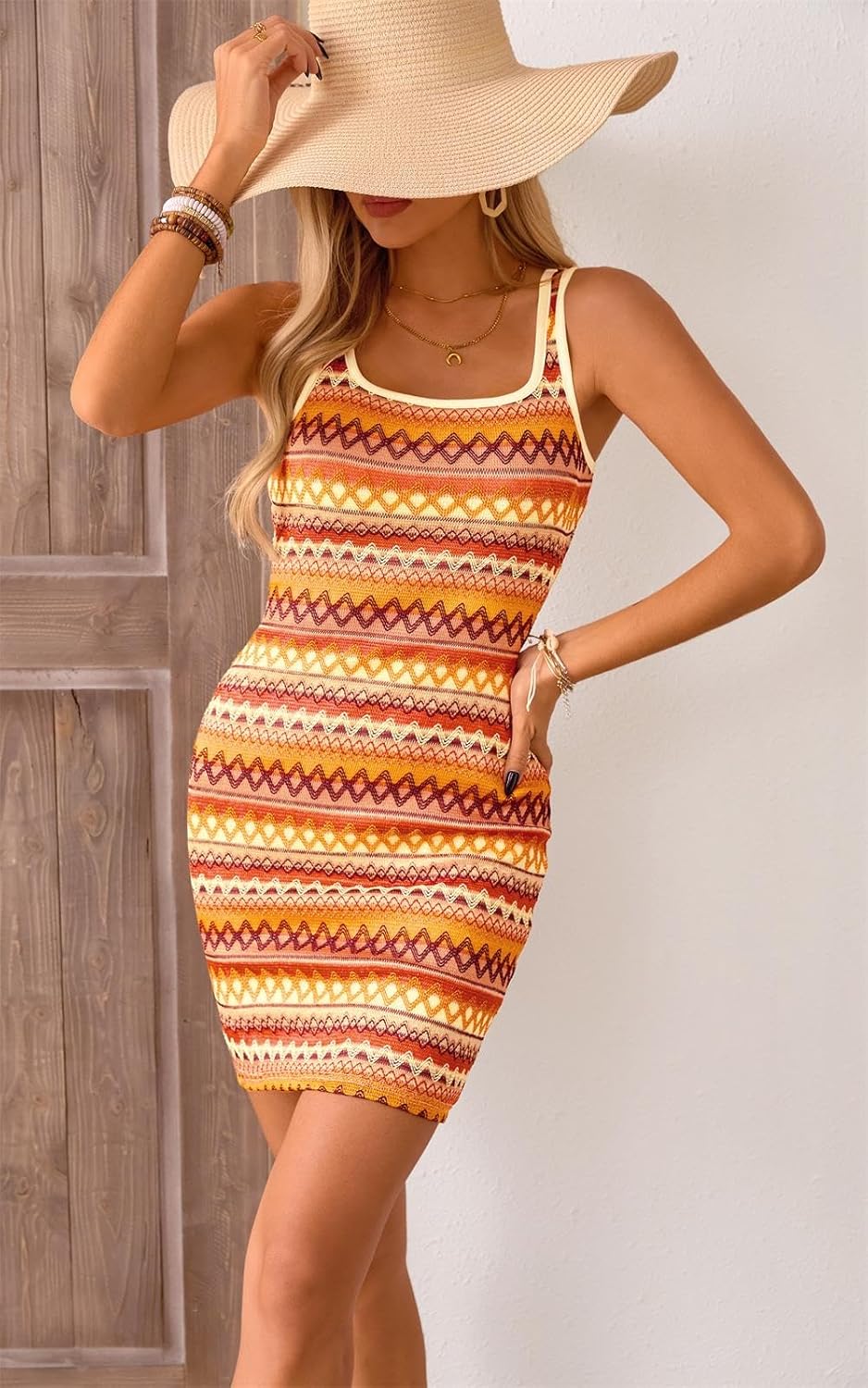 PRETTYGARDEN Womens 2026 Summer Mini Dresses Square Neck Sleeveless Tank Bodycon Striped Boho Sundress Beach Vacation Outfits - Image 8