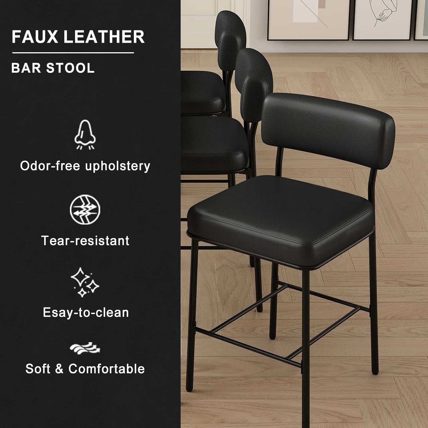 SAECKBERG 26" Counter Height Bar Stools Set of 3, Upholstered Barstools with Backs, Black Faux Leather, Metal Bar Height Chairs, Mid Century Modern Counter Stools for Kitchen Island