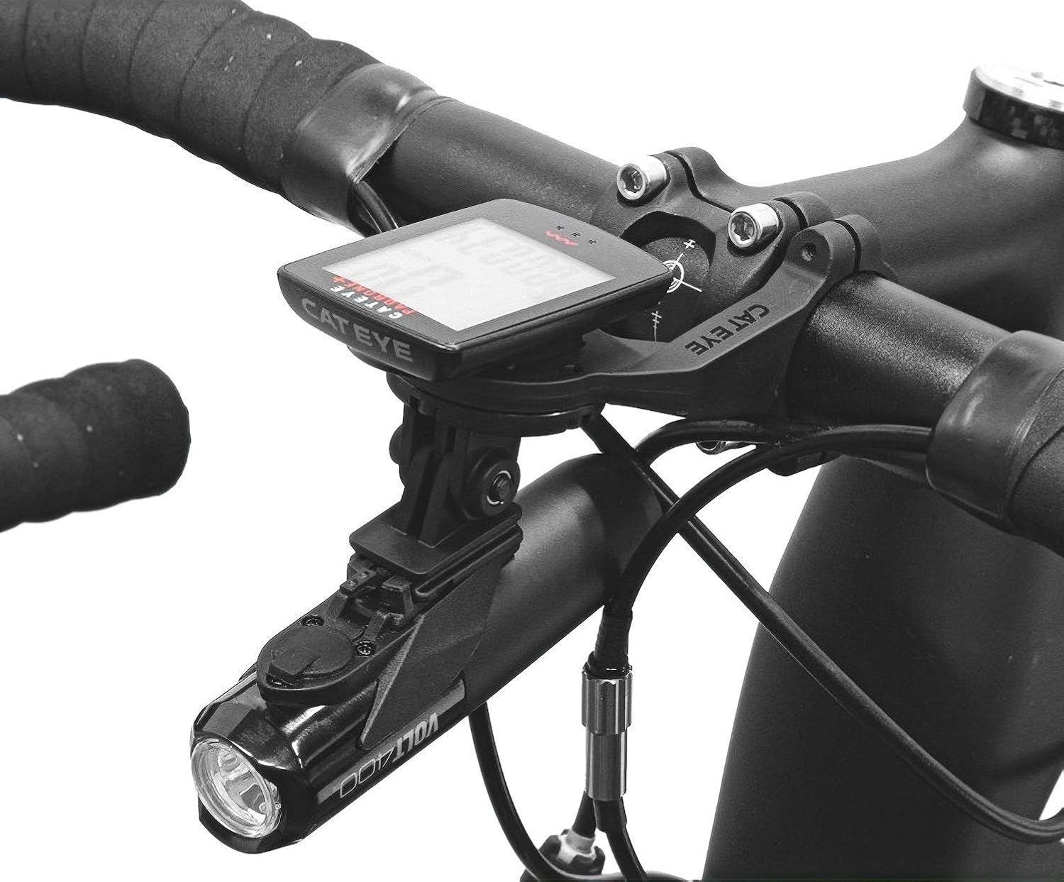 CATEYE OF-200 Dual Computer & Headlight Combo Bracket – Lightweight Aluminum Out Front Mount, GP Action Camera Adapter Compatible, Easy Install, Sleek Design, Fits Road, Urban, MTB & Gravel Bikes